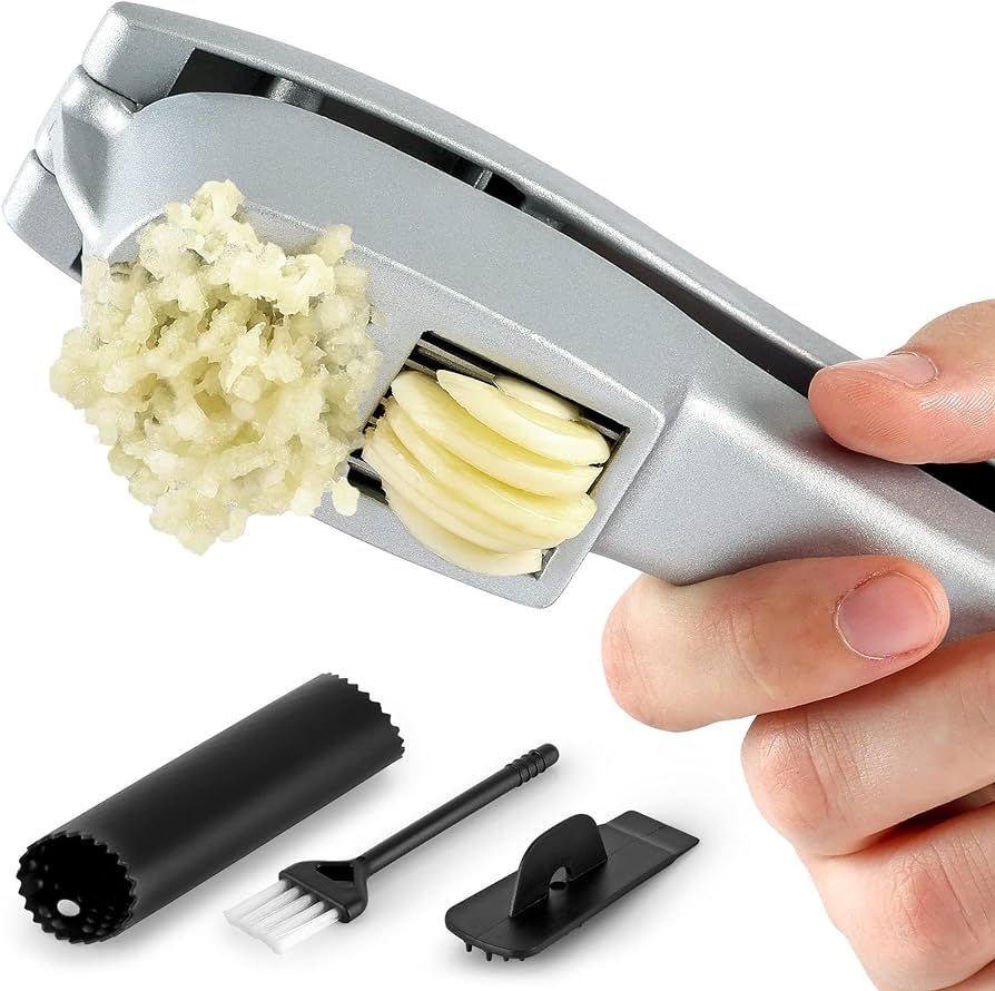 Amazon.com: Zulay Kitchen Garlic Press Set - 2-in-1 Garlic Mincer Tool - Heavy-Duty, Dual-Function Garlic Crusher with Cleaning Brush, Garlic Peeler & Garlic Cleaning Tool - Easy-to-Squeeze Garlic Slicer: Home & Kitchen
